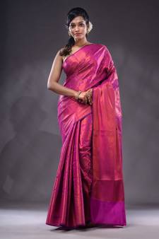 Magenta Handwoven Brocade Silk Saree With Zari Woven Designs