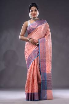 Peach Handwoven Banarasi Silk Saree With Zari Woven Designs