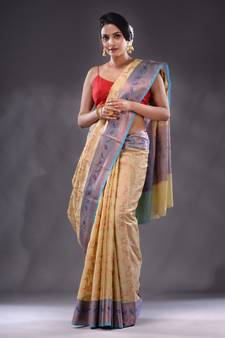 Beige Handwoven Banarasi Silk Saree With Zari Woven Designs