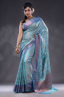 Sky Blue Handwoven Banarasi Silk Saree With Zari Woven Designs