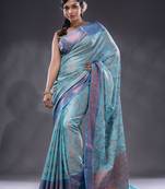 Sky Blue Handwoven Banarasi Silk Saree With Zari Woven Designs