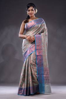 Grey Handwoven Banarasi Silk Saree With Zari Woven Designs