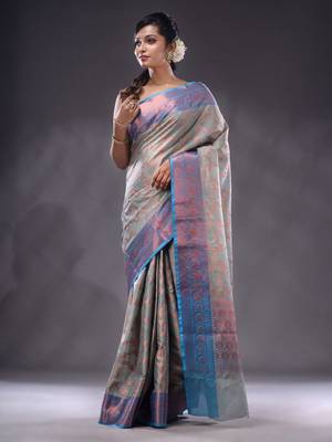 Grey Handwoven Banarasi Silk Saree With Zari Woven Designs 2