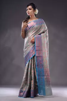 Grey Handwoven Banarasi Silk Saree With Zari Woven Designs