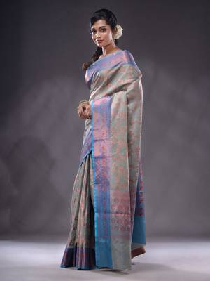 Grey Handwoven Banarasi Silk Saree With Zari Woven Designs 3