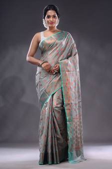 Grey Handwoven Banarasi Silk Saree With Zari Woven Foliage Pattern