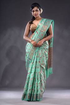 Mint Green Handwoven Banarasi Silk Saree With Zari Woven Foliage Pattern