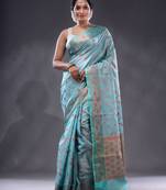 Sky Blue Handwoven Banarasi Silk Saree With Zari Woven Foliage Pattern