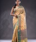 Beige Handwoven Banarasi Silk Saree With Zari Woven Foliage Pattern