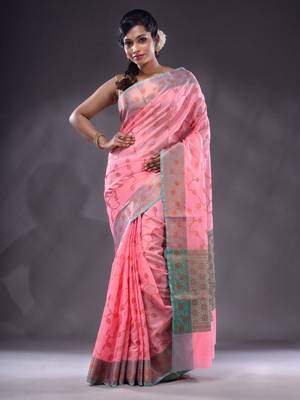 Pink Handwoven Banarasi Silk Saree With Zari Woven Foliage Pattern 1
