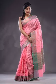 Pink Handwoven Banarasi Silk Saree With Zari Woven Foliage Pattern