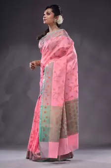 Pink Handwoven Banarasi Silk Saree With Zari Woven Foliage Pattern