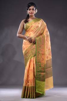 Yellow Handwoven Banarasi Silk Saree With Zari Woven Floral Pattern