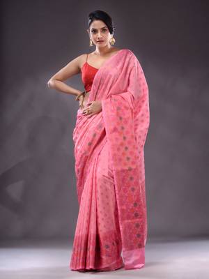 Pink Handwoven Banarasi Silk Saree With Zari Woven Small Floral Motifs 1