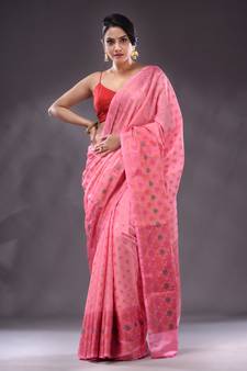 Pink Handwoven Banarasi Silk Saree With Zari Woven Small Floral Motifs