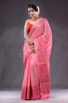 Pink Handwoven Banarasi Silk Saree With Zari Woven Small Floral Motifs