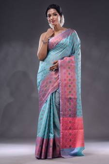 Sky Blue Handwoven Banarasi Silk Saree With Zari Woven Small Floral Motifs