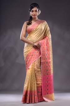 Beige Handwoven Banarasi Silk Saree With Zari Woven Small Floral Motifs