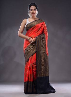 Red Dupion Silk Handwoven Saree With Zari Woven Floral And Texture Patterns 1