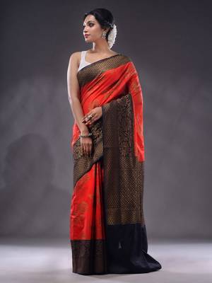 Red Dupion Silk Handwoven Saree With Zari Woven Floral And Texture Patterns 2