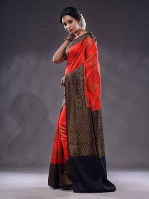 Red Dupion Silk Handwoven Saree With Zari Woven Floral And Texture Patterns 3