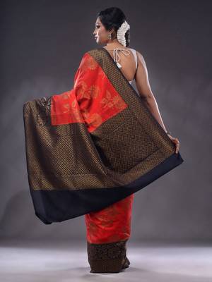 Red Dupion Silk Handwoven Saree With Zari Woven Floral And Texture Patterns 4