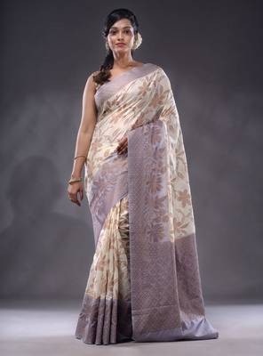 White Dupion Silk Handwoven Saree With Zari Woven Floral And Texture Patterns 1