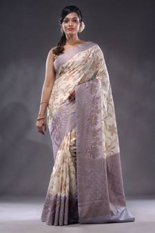 White Dupion Silk Handwoven Saree With Zari Woven Floral And Texture Patterns