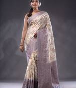 White Dupion Silk Handwoven Saree With Zari Woven Floral And Texture Patterns