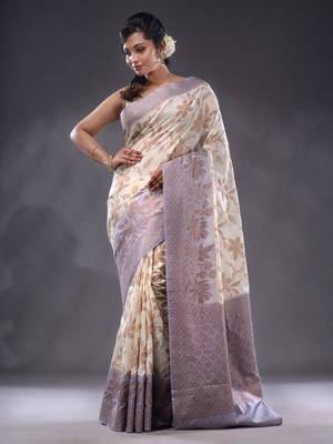 White Dupion Silk Handwoven Saree With Zari Woven Floral And Texture Patterns 2