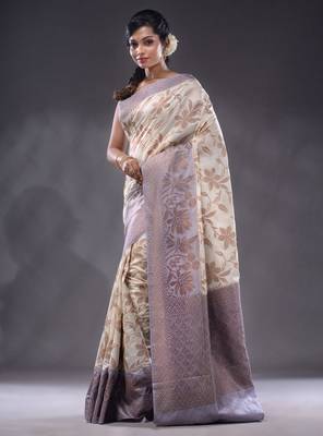 White Dupion Silk Handwoven Saree With Zari Woven Floral And Texture Patterns 3