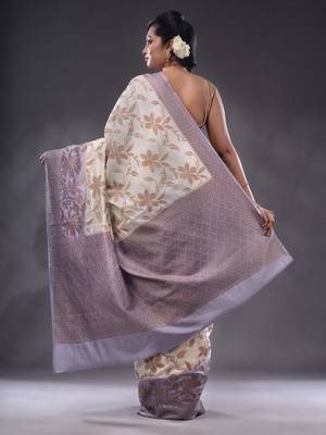 White Dupion Silk Handwoven Saree With Zari Woven Floral And Texture Patterns 4