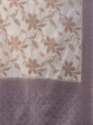 White Dupion Silk Handwoven Saree With Zari Woven Floral And Texture Patterns 5