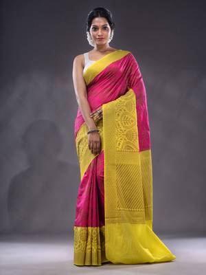 Magenta Dupion Silk Handwoven Saree With Zari Woven Lotus And Texture Patterns 1