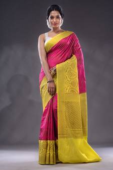 Magenta Dupion Silk Handwoven Saree With Zari Woven Lotus And Texture Patterns