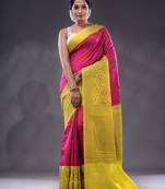 Magenta Dupion Silk Handwoven Saree With Zari Woven Lotus And Texture Patterns