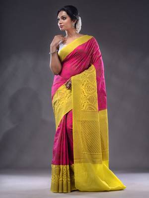 Magenta Dupion Silk Handwoven Saree With Zari Woven Lotus And Texture Patterns 2