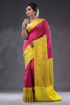 Magenta Dupion Silk Handwoven Saree With Zari Woven Lotus And Texture Patterns