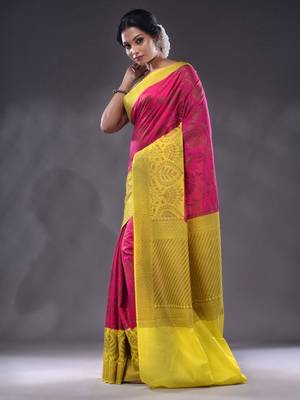 Magenta Dupion Silk Handwoven Saree With Zari Woven Lotus And Texture Patterns 3