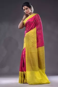 Magenta Dupion Silk Handwoven Saree With Zari Woven Lotus And Texture Patterns