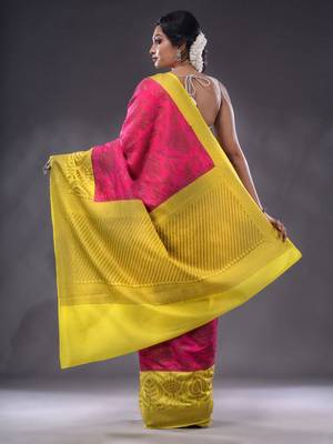 Magenta Dupion Silk Handwoven Saree With Zari Woven Lotus And Texture Patterns 4