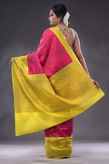 Magenta Dupion Silk Handwoven Saree With Zari Woven Lotus And Texture Patterns