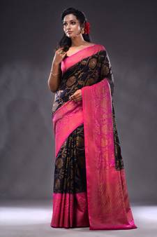 Black Dupion Silk Handwoven Saree With Zari Woven Lotus And Texture Patterns
