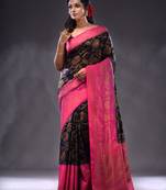 Black Dupion Silk Handwoven Saree With Zari Woven Lotus And Texture Patterns