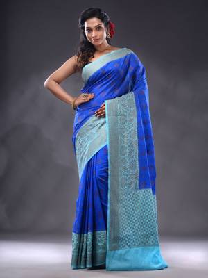 Blue Dupion Silk Handwoven Saree With Zari Woven Texture And Floral Patterns 1