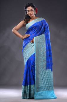 Blue Dupion Silk Handwoven Saree With Zari Woven Texture And Floral Patterns