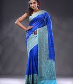 Blue Dupion Silk Handwoven Saree With Zari Woven Texture And Floral Patterns