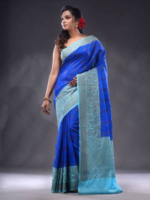 Blue Dupion Silk Handwoven Saree With Zari Woven Texture And Floral Patterns 2