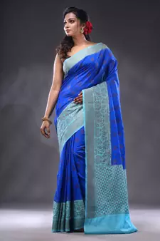 Blue Dupion Silk Handwoven Saree With Zari Woven Texture And Floral Patterns