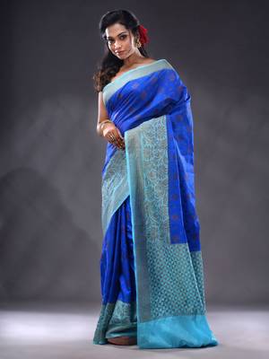 Blue Dupion Silk Handwoven Saree With Zari Woven Texture And Floral Patterns 3